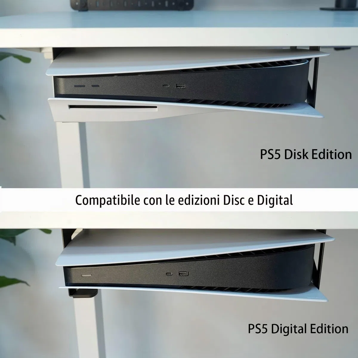 Monzlteck Supporto da scrivania per PS5/PS5 Slim, montaggio invisibile Compatible con Playstation 5 Disc e Digital Edition, salvaspazio, DP-05