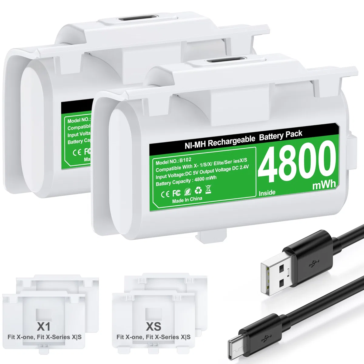 HEYLICOOL Batterie ricaricabili per controller Xbox One/Xbox Series X|S, 2 x 4800 mWh, kit di gioco e ricarica per Xbox Series X/S, Xbox One/Elite, Xbox One S/X con indicatore LED
