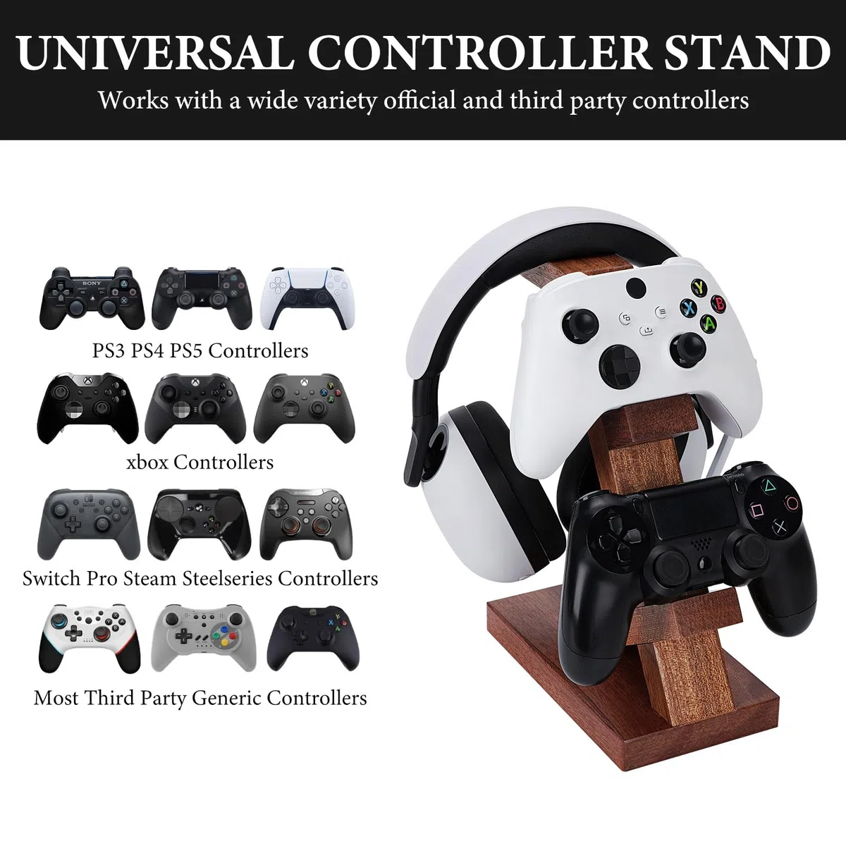 Geekria Supporto per controller e cuffie in legno massello, supporto per riporre il controller per PS4/PS5/Xbox/Switch/8BitDo, accessori universali per giochi da scrivania