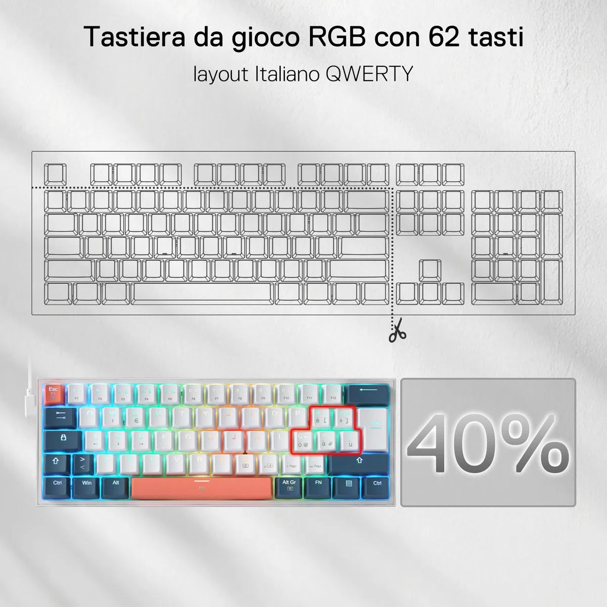 Redragon K617 Fizz 60% Wired RGB Gaming Tastiera Meccanica, 62 Tasti Hot-Swap, Interruttori Rossi Lineari, Layout Italiano QWERTY