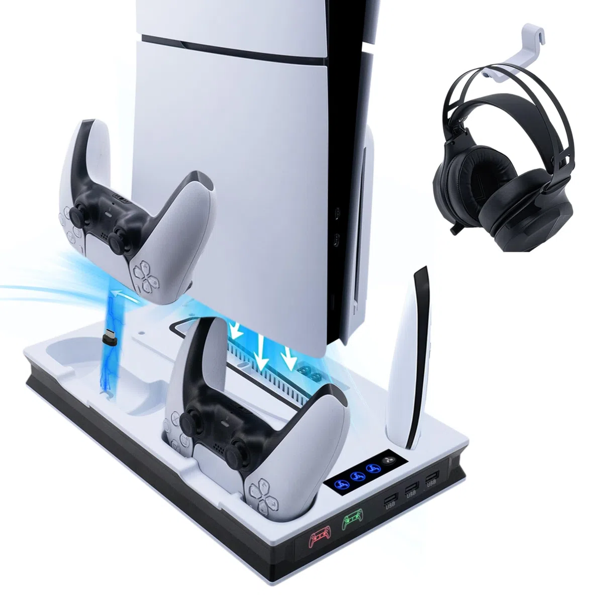 Wigearss Supporto Verticale di Raffreddamento PS5 con Doppio Controller Caricatore per PS5/PS5 Slim/PS5 PRO UHD/Digital Edition