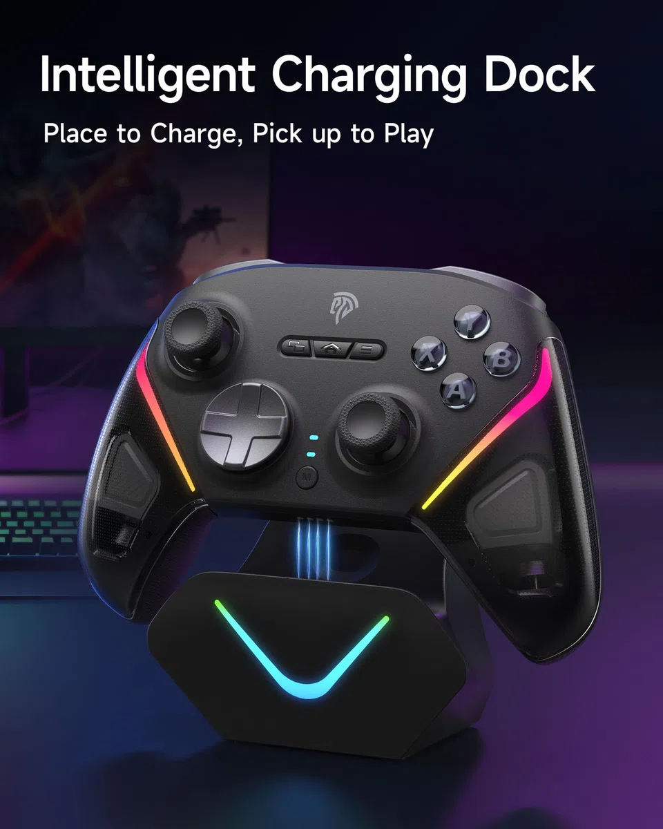 EasySMX D10 Controller PC Wireless – Joystick TMR, Grilletti Dual-Mode, Tasti Meccanici, Polling 1000Hz, RGB – Bluetooth Gaming Controller per PC/Switch/Switch 2/ iOS con Dock di Ricarica–Nero