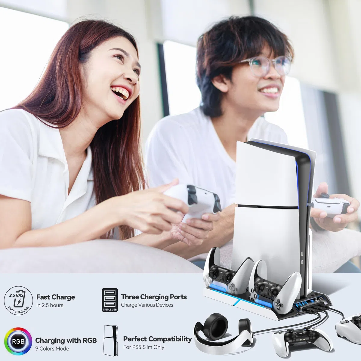 Supporto PS5 Slim con Ventola di Raffreddamento, Staffa per PS5, Base Ricarica Controller PS5, PS5 Accessori per PS5 Slim/P5 Digital Edition e Disc Edition