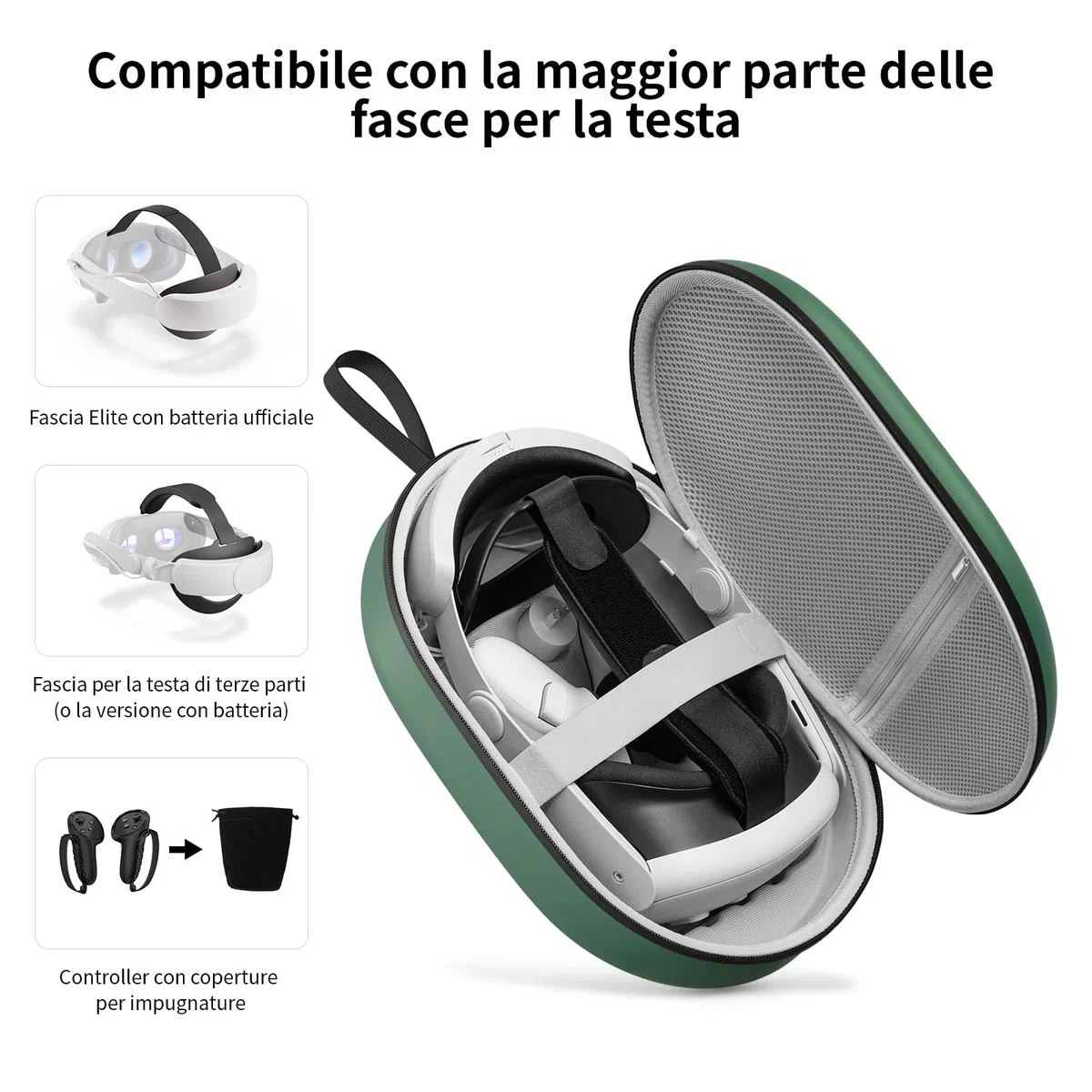 Custodia rigida Meta Quest 3S/Quest 3 compatibile cinturino Battery Elite, verde