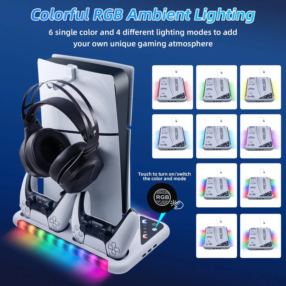 Supporto con ventola per console PS5 Slim/PS5, stazione di ricarica per DualSense/Edge Controller con 9 luci RGB, supporto per cuffie e 3 hub USB per PS5 UHD e Digital-Bianco