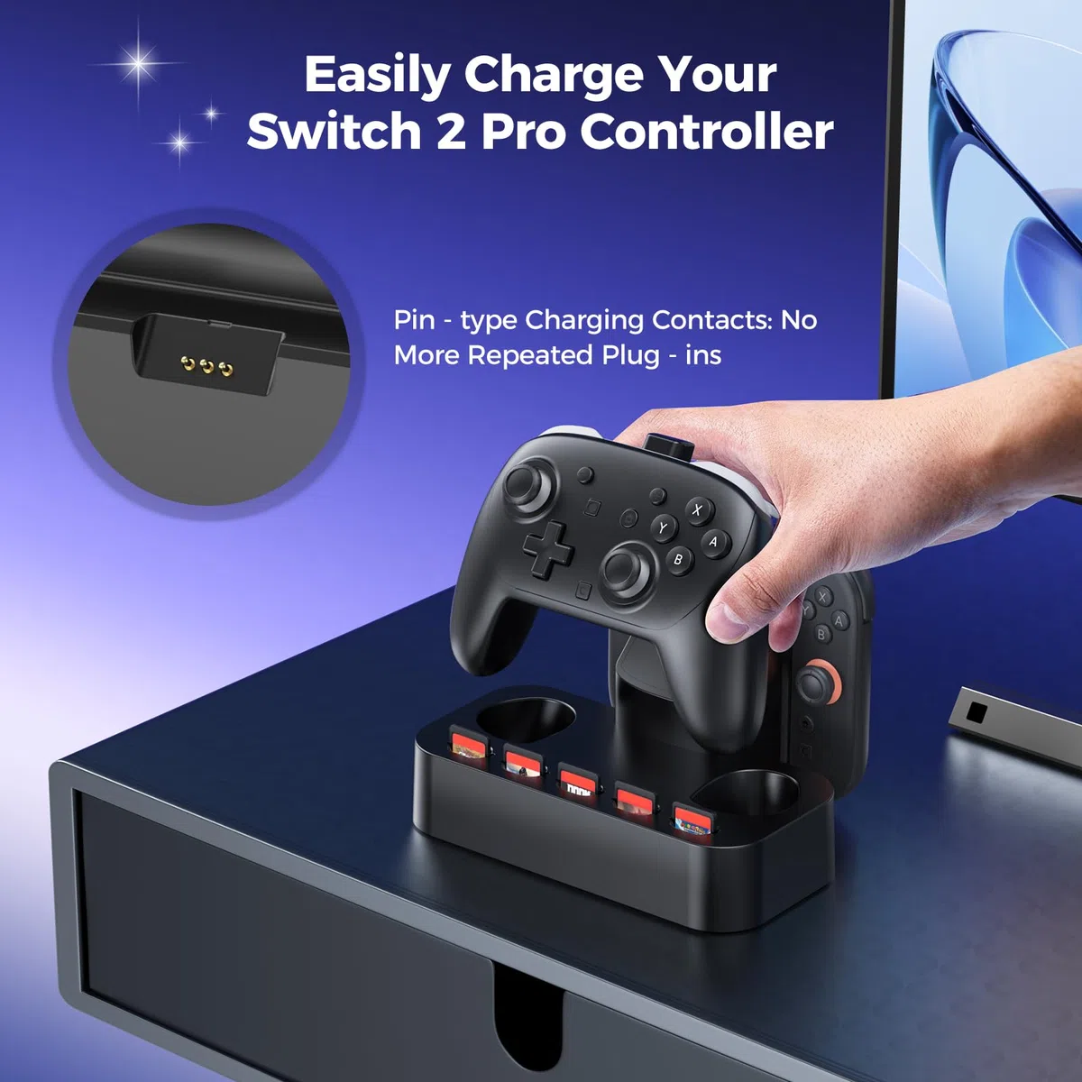 NEWDERY Stazione di ricarica controller per Nintendo Switch 2, stazione di ricarica magnetica rapida Joy con 5 giochi di stoccaggio spazio e indicatore LED, base antiscivolo