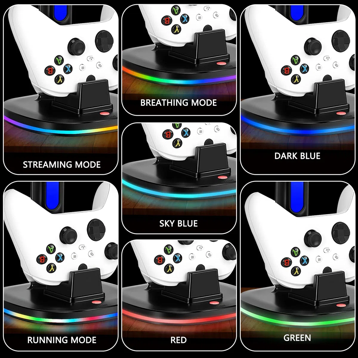 Caricabatterie per controller con supporto per cuffie RGB per Xbox Series X|S/One/One X/One S, XSX con 2 porte di ricarica USB, supporto per cuffie per stazione di ricarica Xbox, nero