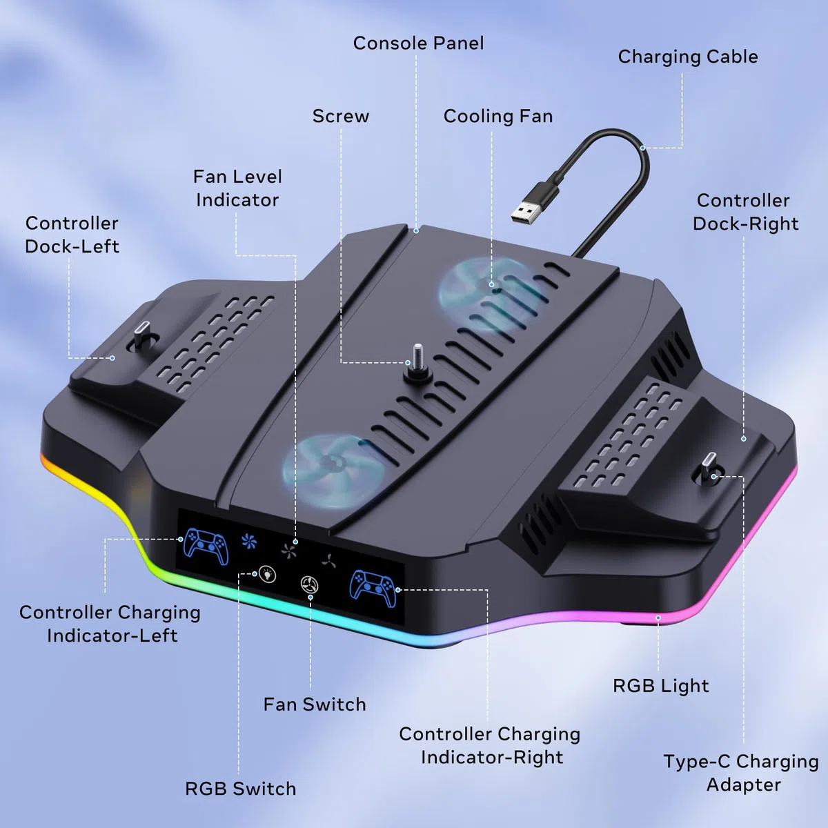 Supporto PS5 Slim con Ventola di Raffreddamento Compatibile con Playstation 5 Slim Console Disc & Digital, Stazione Ricarica Controller per PS5 e Edge, Accessori Base PS5 Slim con Luce RGB
