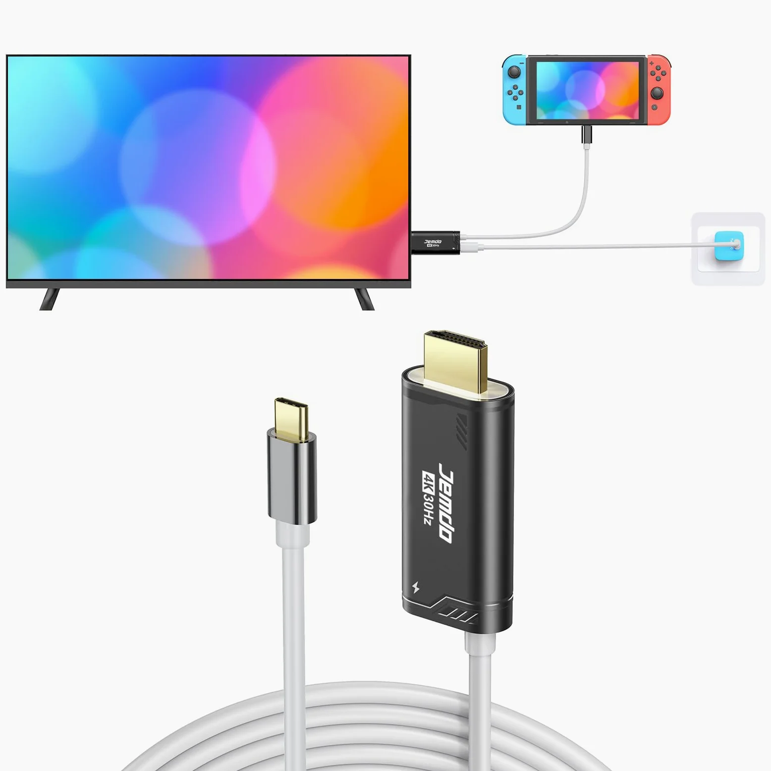 JINGDU USB Type C to HDMI Cavo Adattatore per TV per Switch/OLED only, Cavo di Conversione USB Type C 3 in 1 ad Alta Velocità 4K HDMI, Supporto TV/Steam Deck/Laptop/PC, 2m Bianco e Nero