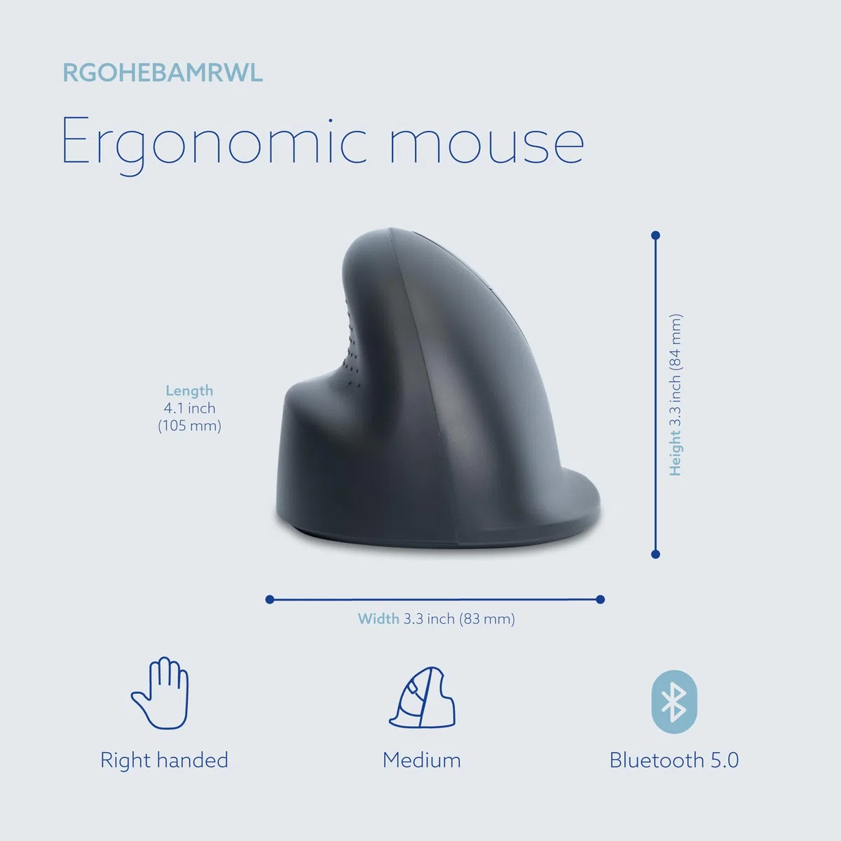 R-Go HE Basic - Mouse ergonomico senza fili, Bluetooth 5.0, ricaricabile, design verticale, 1600 DPI e 3 pulsanti, previene gomito del tennista/braccio RSI, per Windows/Mac, nero