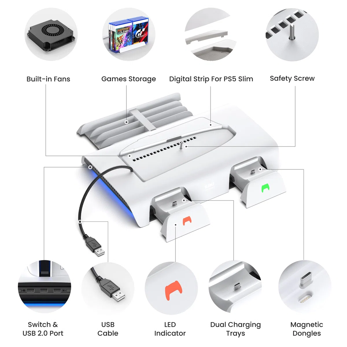 KIWI design D3 Supporto di Raffreddamento e Stazione di Carica PS5 Slim con Controller RGB, Ventola a 2 Livelli