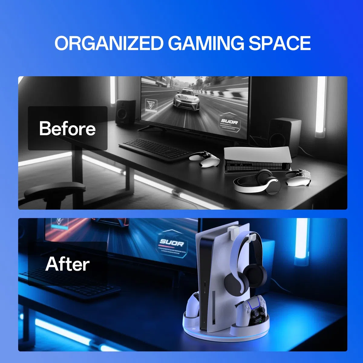 NEWDERY per PS5/PS5 Slim/PS 5 Pro Stand, stazione di ricarica doppio controller con luce RGB per PlayStation 5, supporto verticale per Playstation 5 Digital/Disc Console, bianco