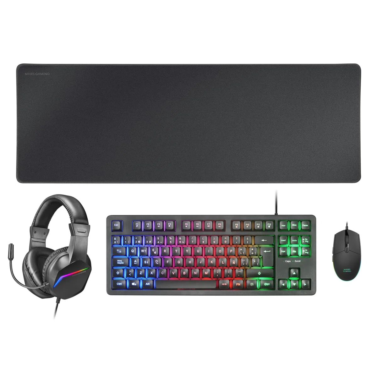 MARSGAMING MCP-RGB3, Pack Gaming: Tastiera RGB + Mouse 3200 DPI + Cuffie Over-Ear + Tappetino XXL, Nero, Lingua Italiana
