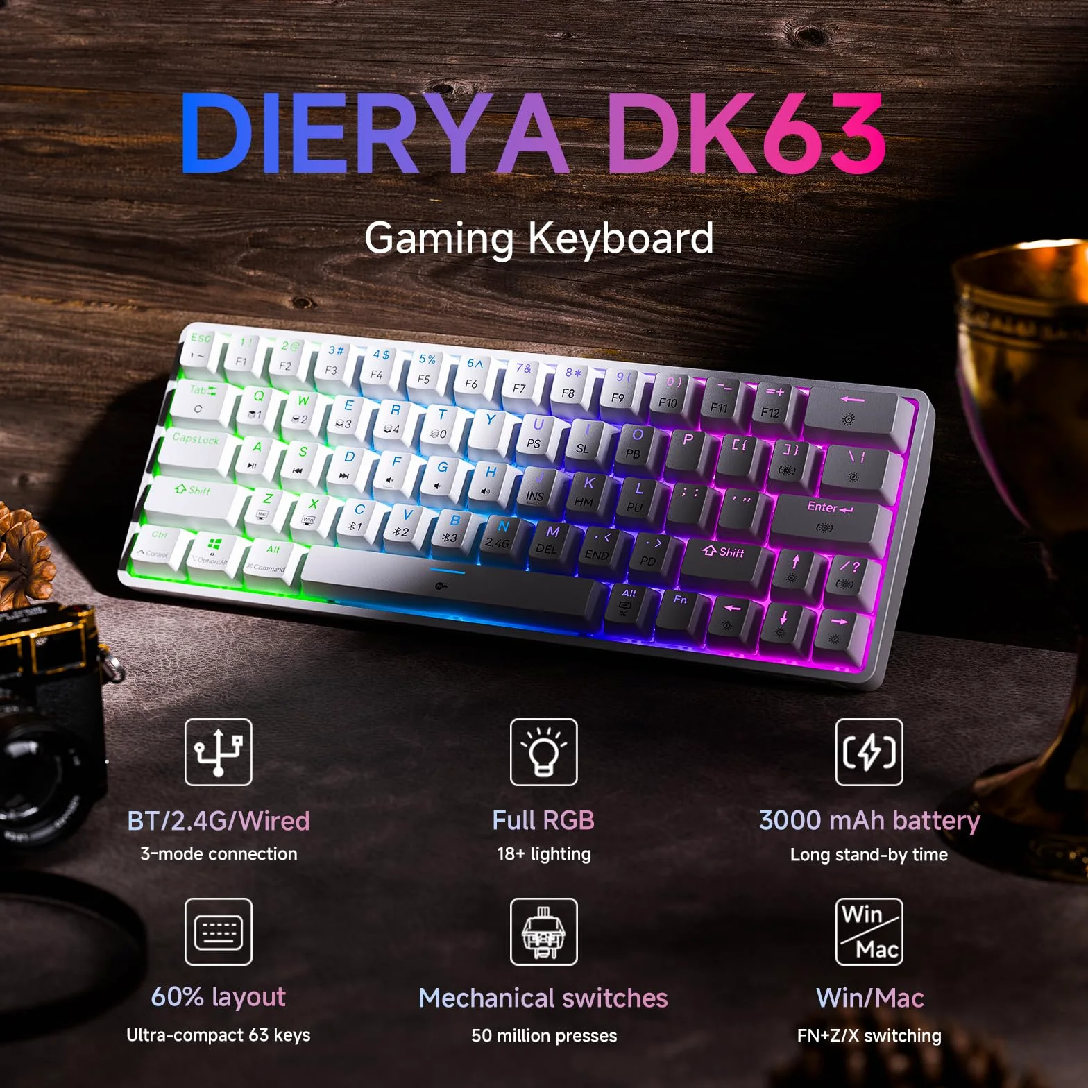 Dierya DK63 Tastiera Gaming Wireless Meccanica 60% 2.4Ghz Bluetooth Type-C RGB Retroilluminazione Bianco