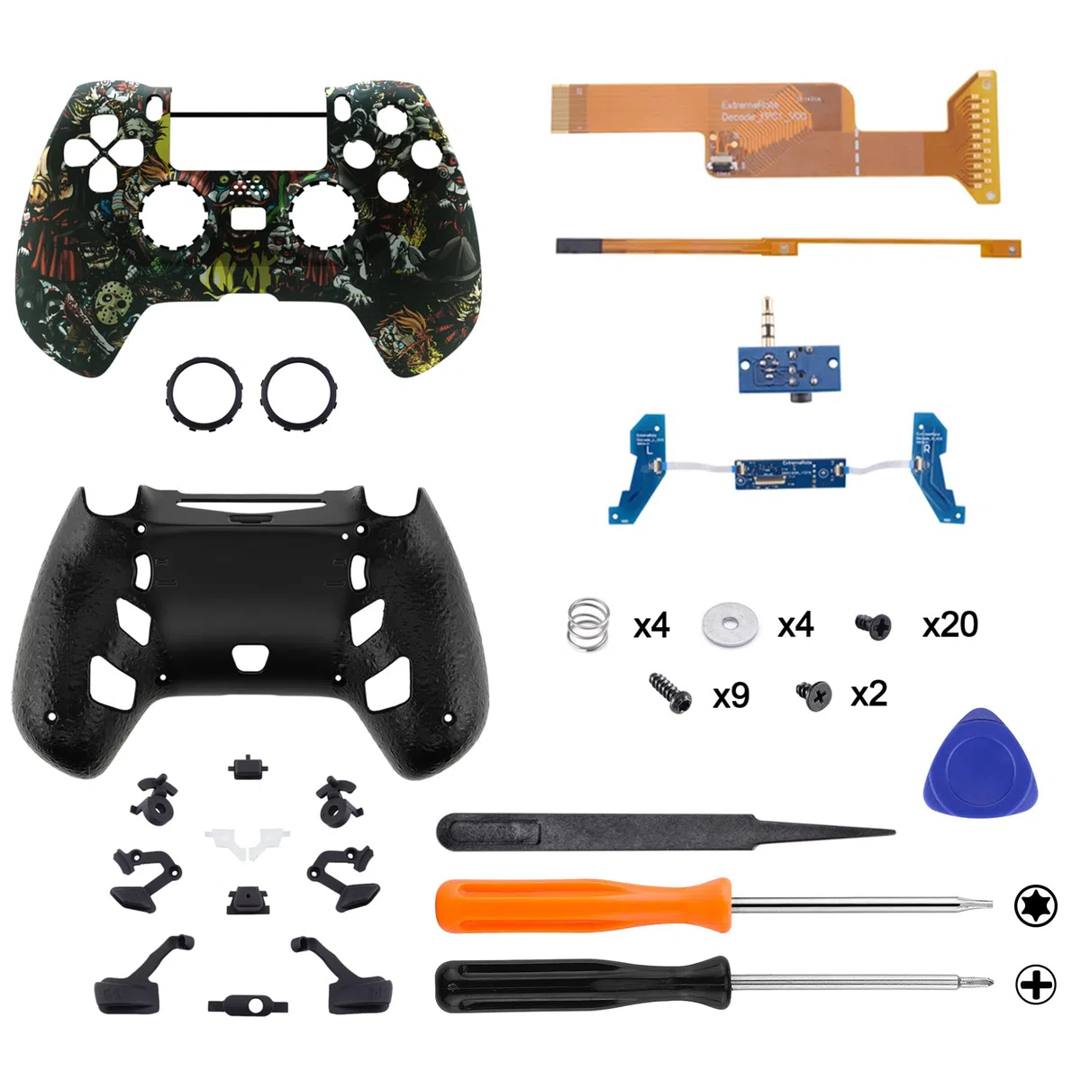 eXtremeRate DECADE Torneo Aggiornamento Kit per ps4 Controller CUH-ZCT2(Non Controller), Cover Shell&Tasti Posteriori&Trigger Stop, Accessori per ps4 Joystick JDM-040/050/055, Party Pauroso