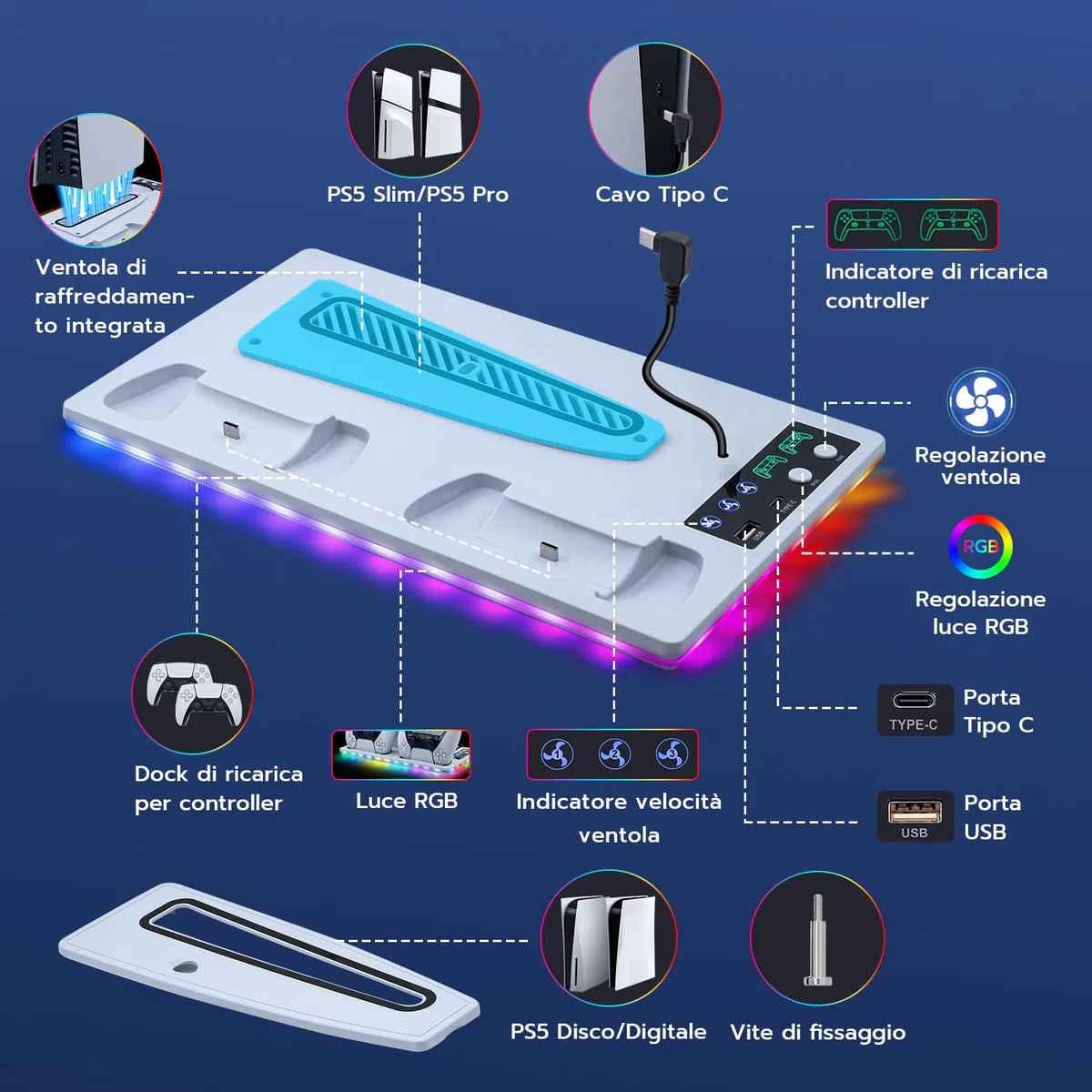Verticale Supporto con Raffreddamento e Ricarica per PS5/PS5 Pro/PS5 Slim, Ventola 3 Livelli RGB