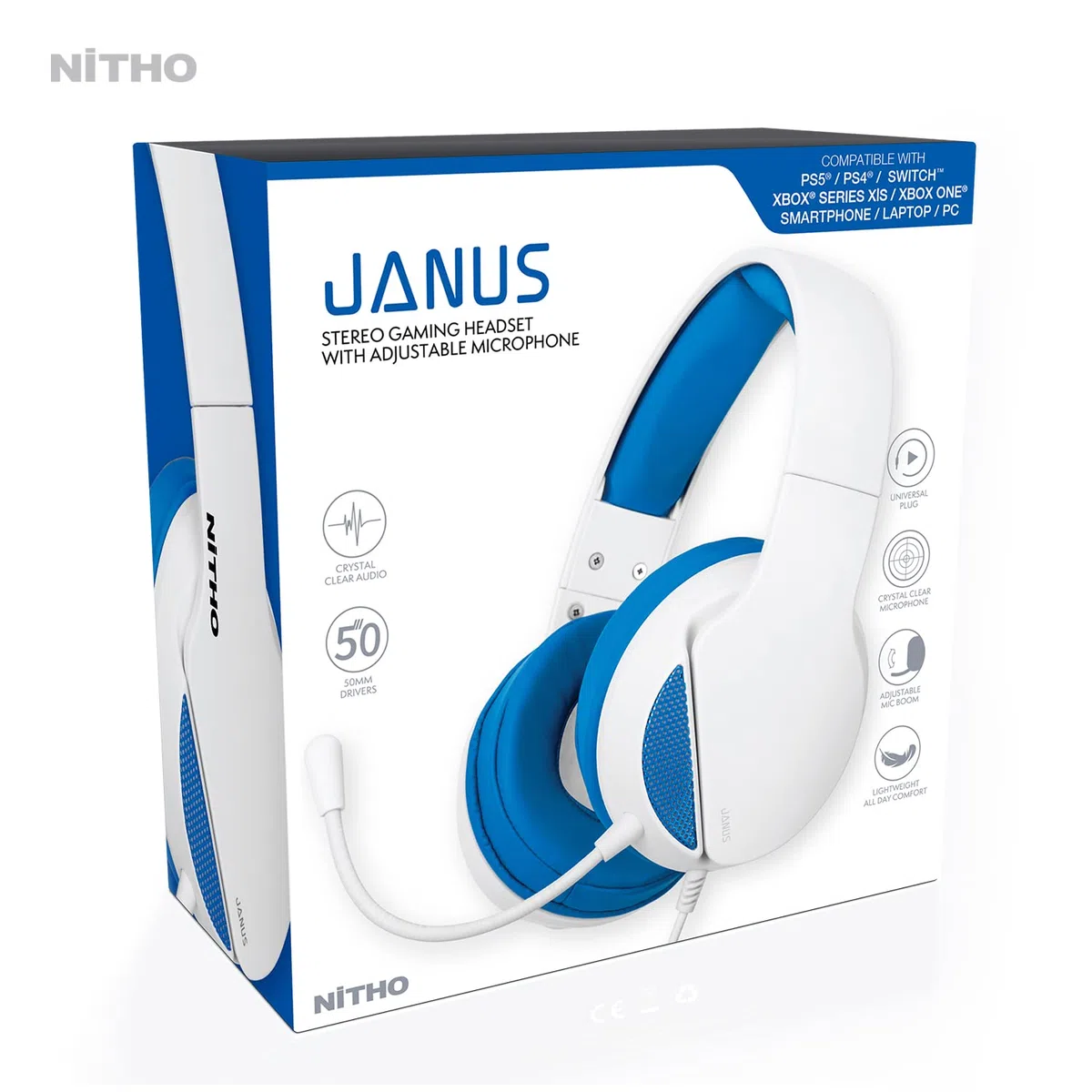 NITHO Janus Gaming Headset Over-Ear 50mm Driver Microphone Jack 3.5mm PC PS4 PS5 Xbox One Series X|S Smartphone Tablet Blu