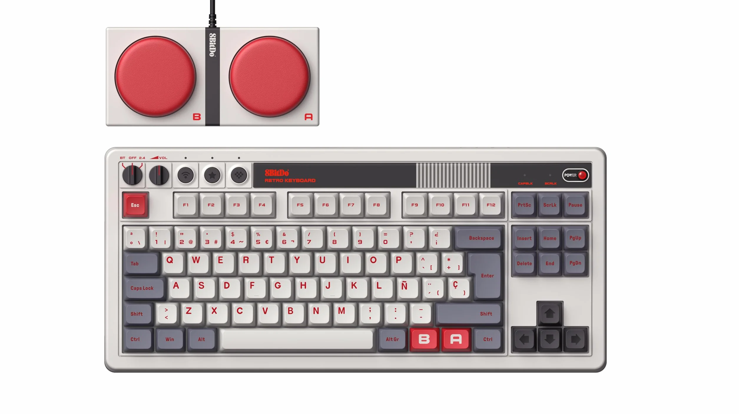 8Bitdo Tastiera meccanica retrò, tastiera da gioco sostituibile a caldo Bluetooth/2.4G / USB-C, 87 tasti, doppi pulsanti super programmabili per Windows e Android - QWERTY Spagnolo ISO Dü