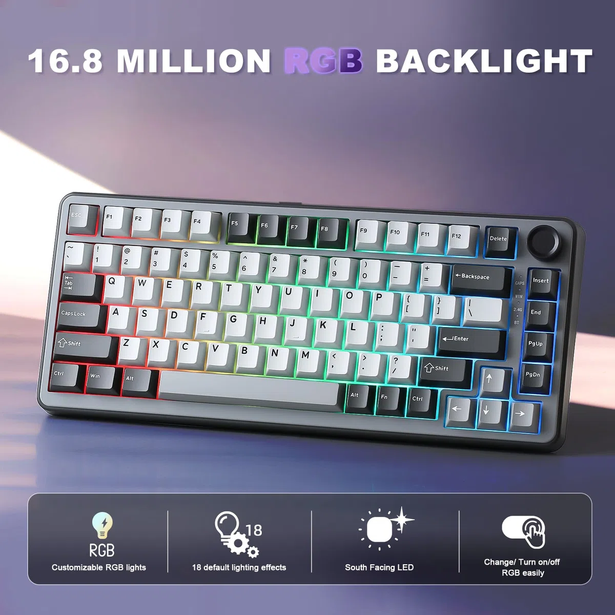 YUNZII B75 PRO Tastiera Meccanica Senza Fili, 75% Gaming Keyboard Hot Swap con Manopola, Interruttori Pre-lubrificati RGB, BT/Tipo-C/2.4G (Dark Grey, Cocoa Cream V2 Switch)