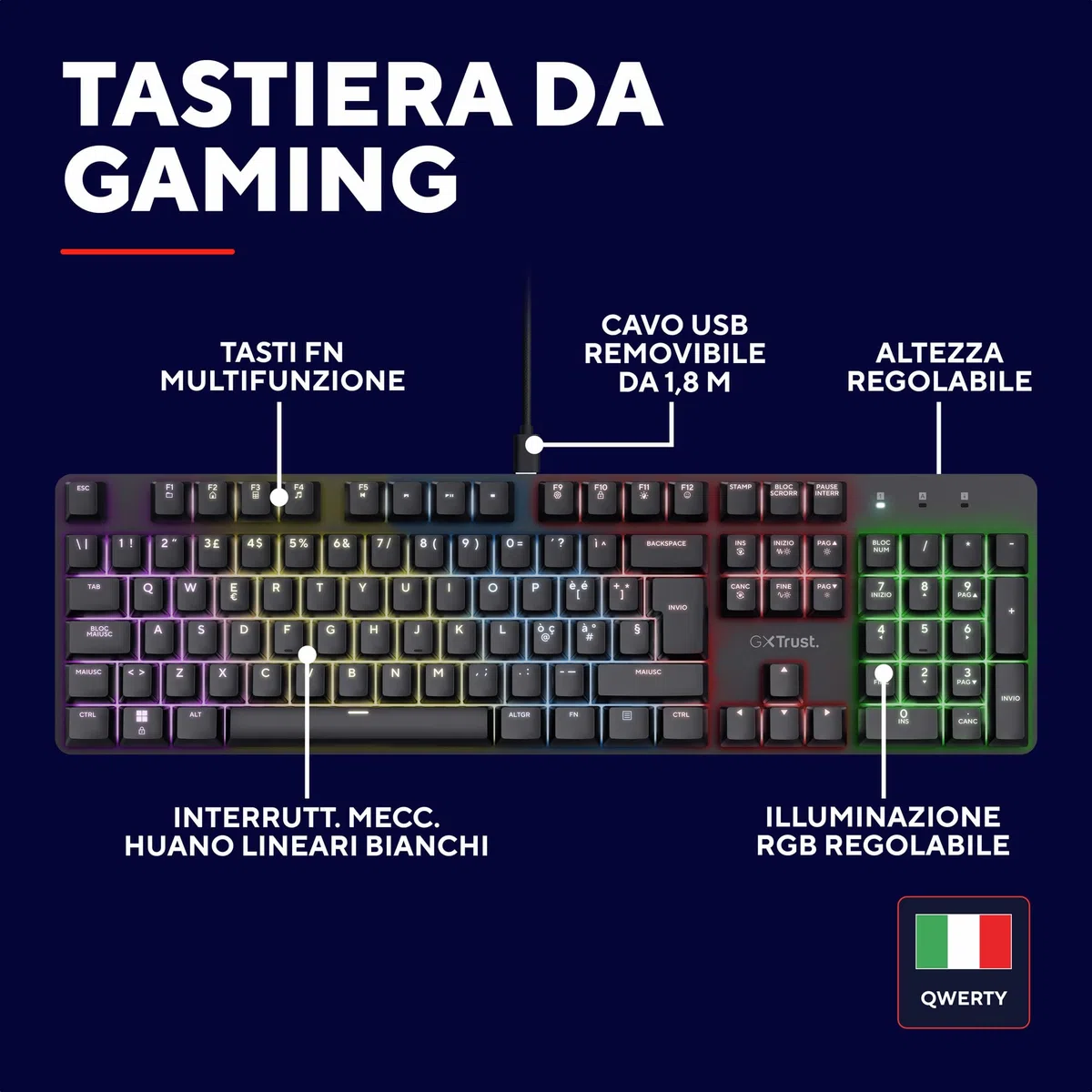 GXTrust 871 Zora Tastiera Meccanica Gaming Layout Italiano QWERTY RGB Retroilluminata Tasti Huano Lineari Anti-Ghosting N-Key Rollover USB Nero
