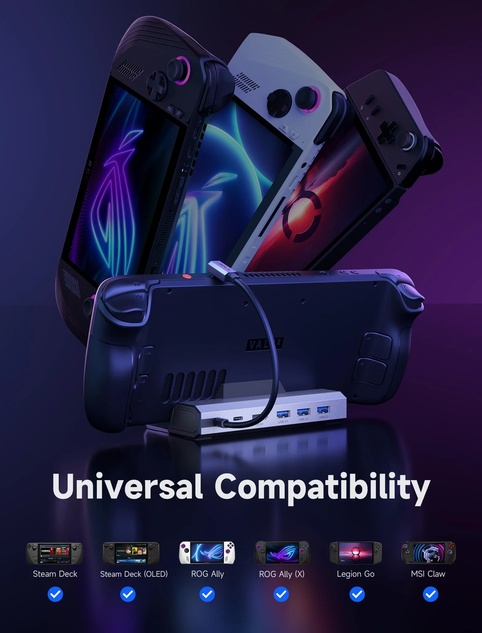 JSAUX Docking Station 6-in-1 per Steam Deck/ROG Ally X/Legion Go/MSI Claw, HDMI 4K@120Hz, Ethernet Gigabit, USB-A 3.0, Ricarica 100W