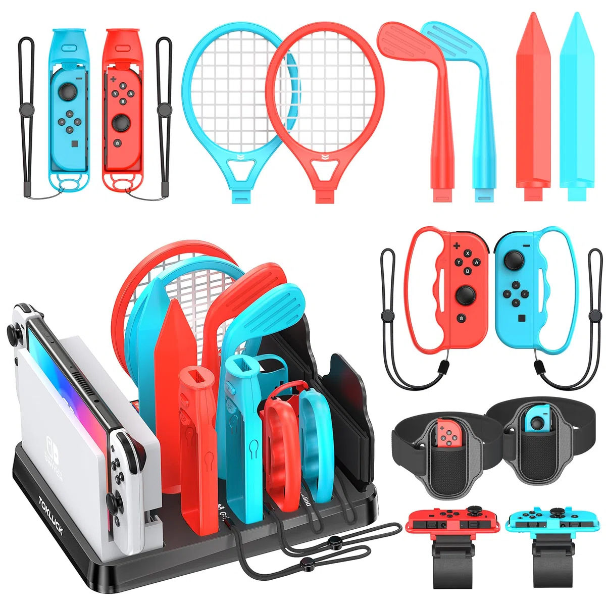 Tokluck 15 in 1 Accessori per Nintendo Switch Sport Gioco, Organizer per Consola Switch/OLED e Joy-con Sports (Blu & Rosso)