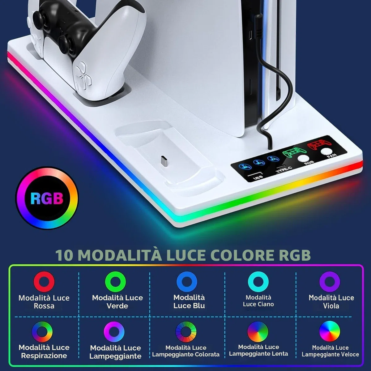 PS5 Supporto Verticale con Ricarica Controller e Ventola di Raffreddamento per PlayStation 5 Pro, Slim, Standard