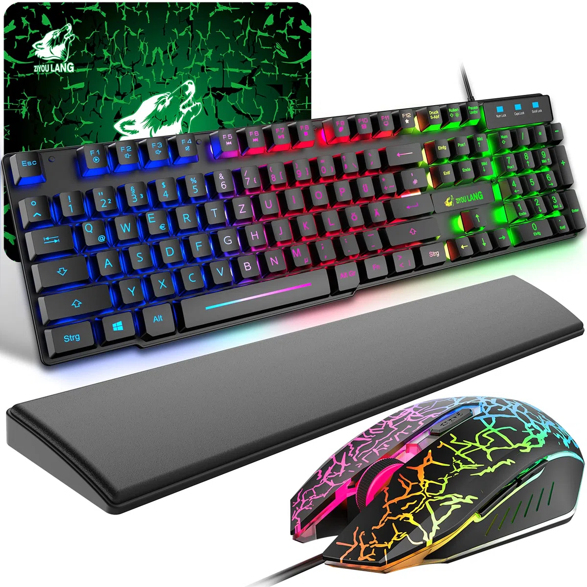 Tastiera e Mouse da Gioco con Poggiapolsi, Layout Tedesco QWERTZ Gaming Tastiera Retroilluminato LED Colore Arcobaleno, Mouse 6 Tasti 2400 DPI e Tappetino per Mouse, USB Cablato per PS4 XBox, Nero