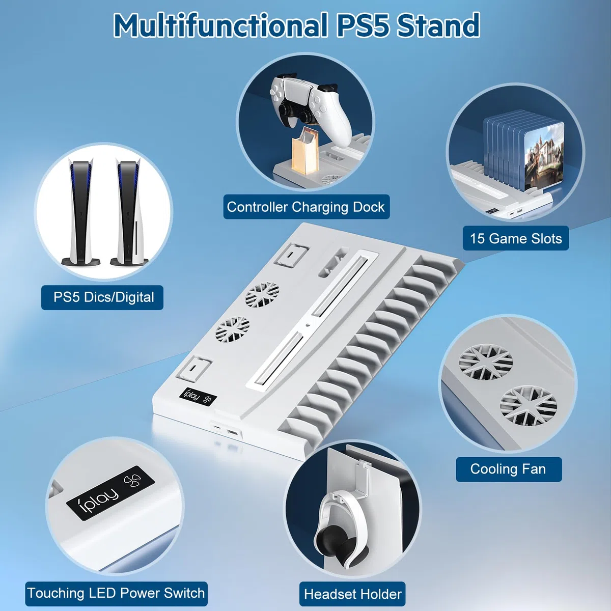 Multifunzionale Supporto Verticale USB PS5 con Ventola di Raffreddamento e Ricarica Controller, con Indicatore LED Accessori PS5 con 15 Slot di Gioco(Disco e Digitale) (Bianco)