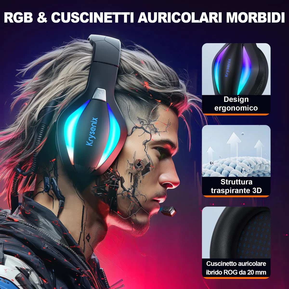 Krysenix PG1 Cuffie Gaming per PS4, PS5, PC, Nintendo Switch, Xbox, Cuffie con Microfono Stereo AI, Cuffie con jack da 3,5 mm e Luce RGB, Nero/Blu