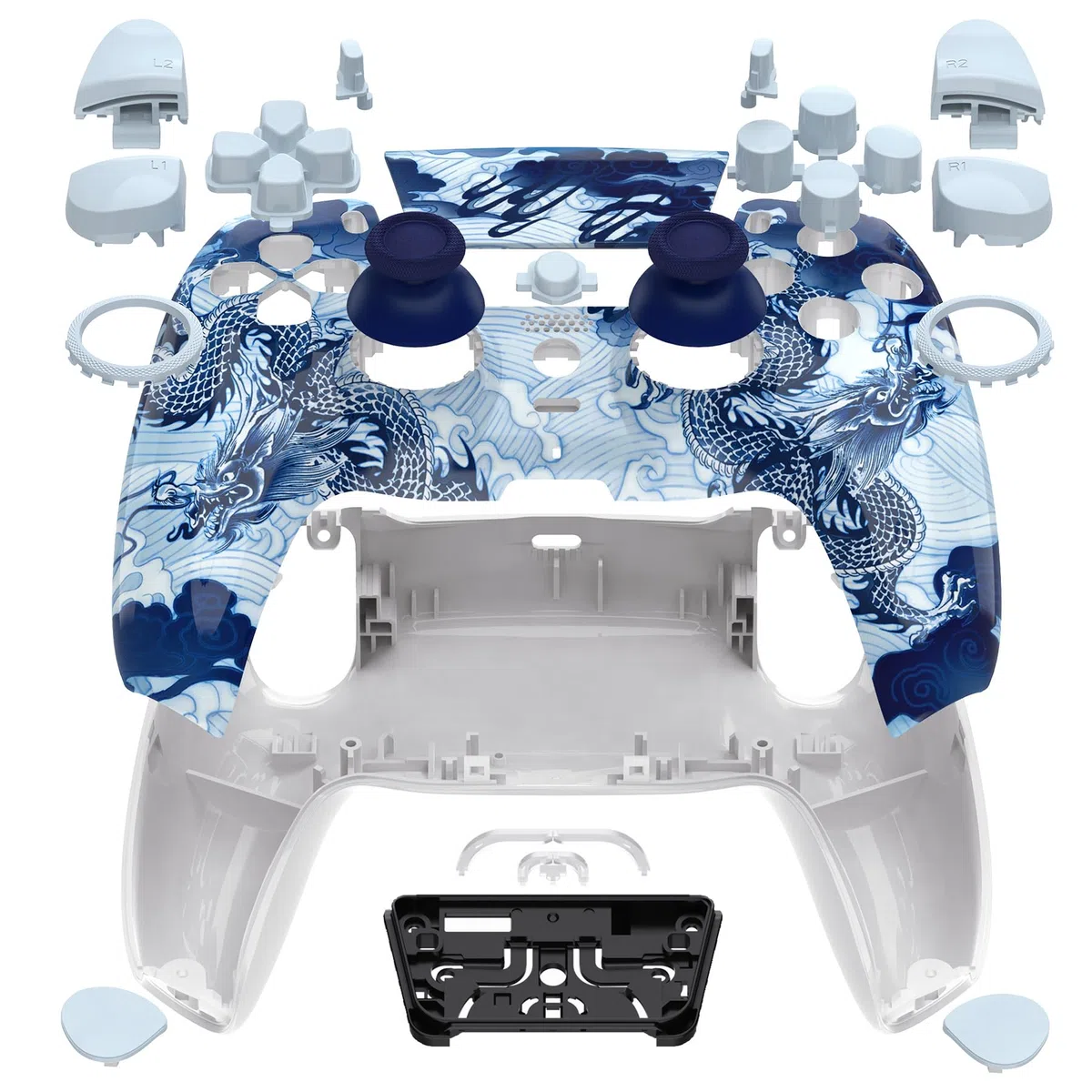 eXtremeRate LUNA Cover Tasti Ricambio per ps5 Joystick BDM-030/040/050,Shell Complete Ridisegnate per ps5 Controller,Pulsanti Set Levette Analogiche&Cacciavite-Porcellana Loong