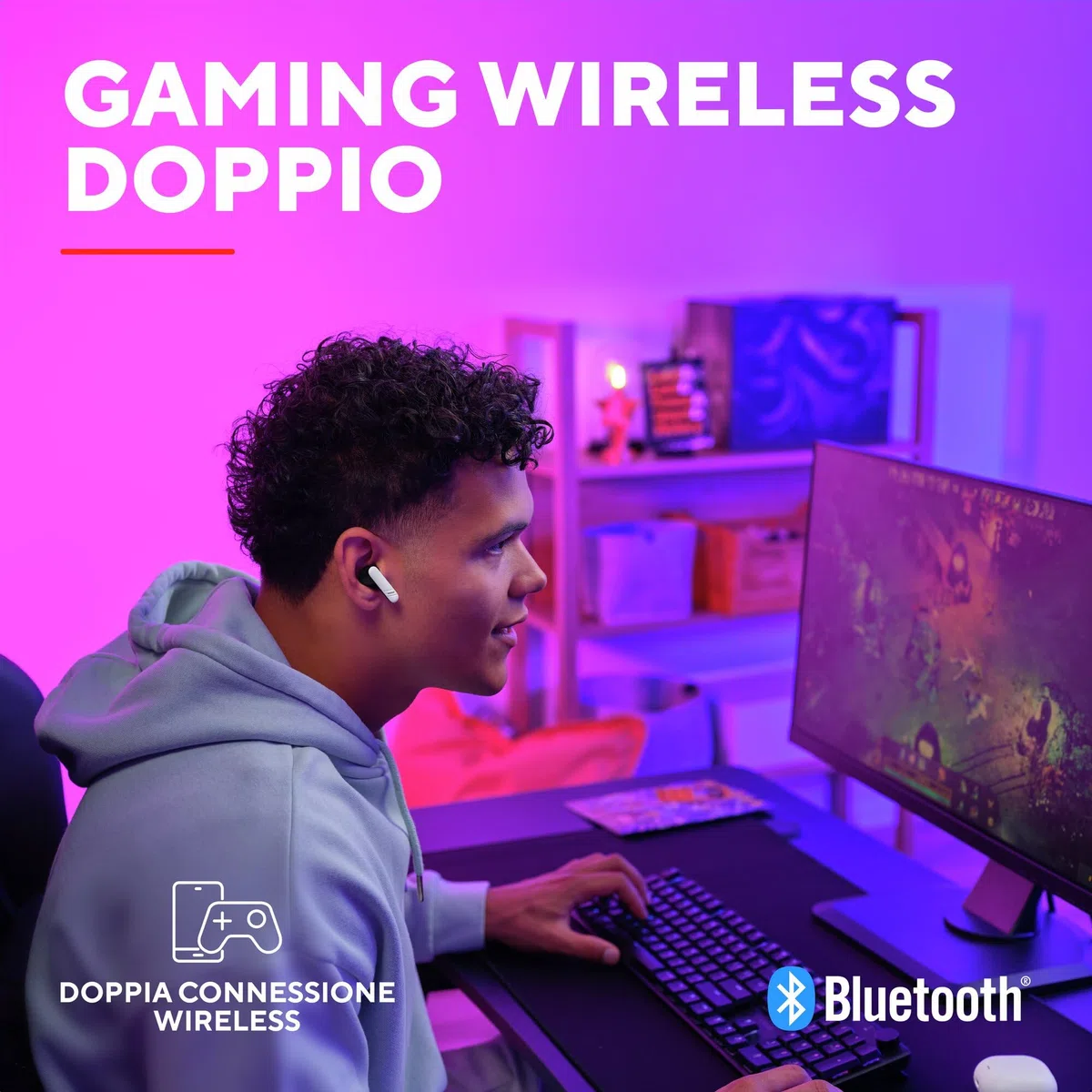 GXTrust 409 Oxxie In Ear Cuffie Bluetooth Gaming PS5 Switch PC Mobile, Auricolari Bluetooth o Ricevitore USB-C 2,4 Ghz Bassa Latenza, 4 microfoni ENC, 25 Ore di Autonomia, Earphones Wireless, Bianco