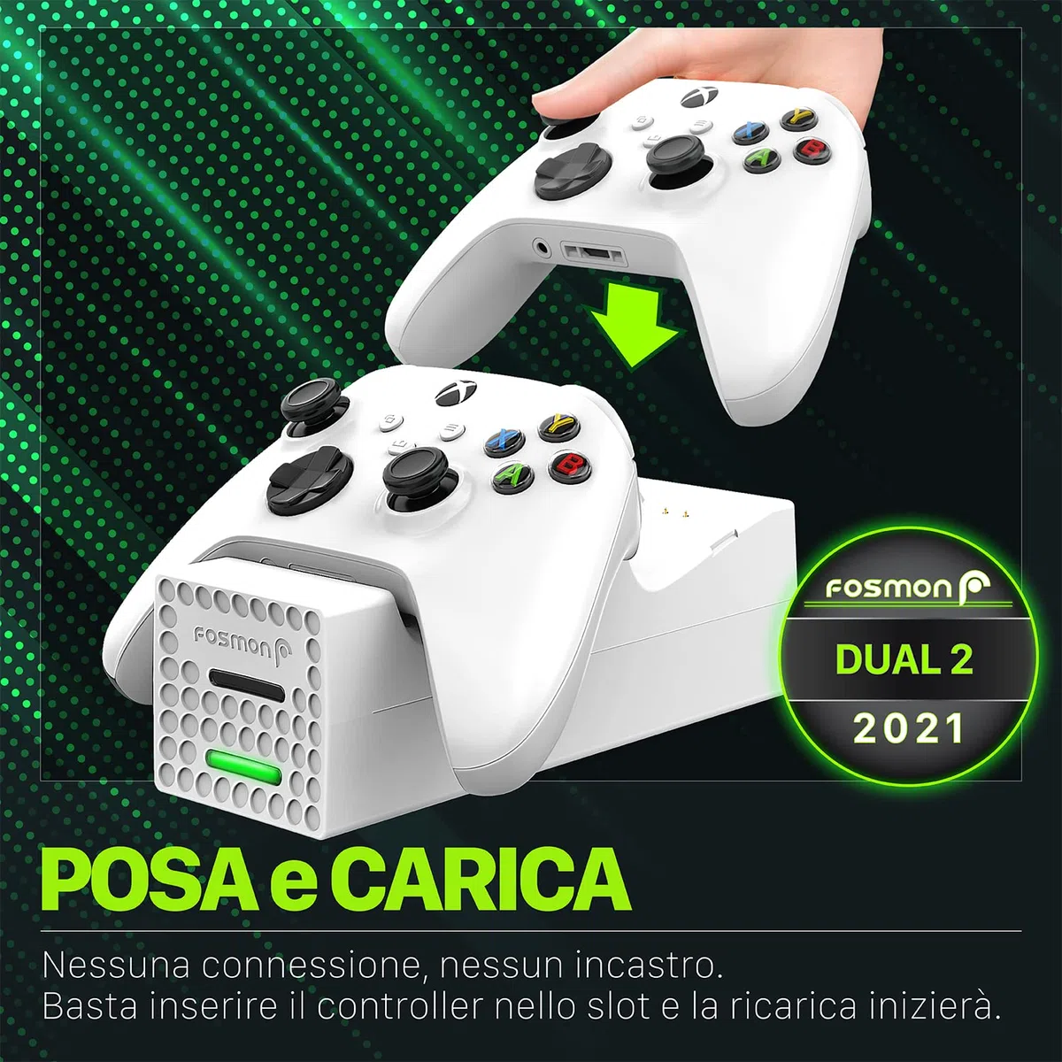 Fosmon Dual Stazione di Ricarica Compatible con Controller Xbox Series X/S 2020 (Non per Xbox One / 360), (Dual Slot) Caricabatteria Docking Station e 2X Batteria Ricaricabile - Bianca