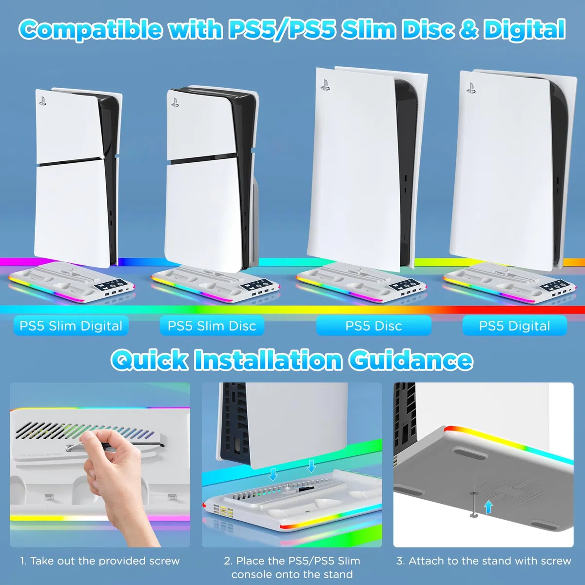 PS5/PS5 Slim Verticale Supporto di Raffreddamento, Stazione di raffreddamento per PS5/PS5 Slim con 3 Velocità, Ganci per Cuffie Stazione di Ricarica Doppio Controller, per Disc/Digital Edition