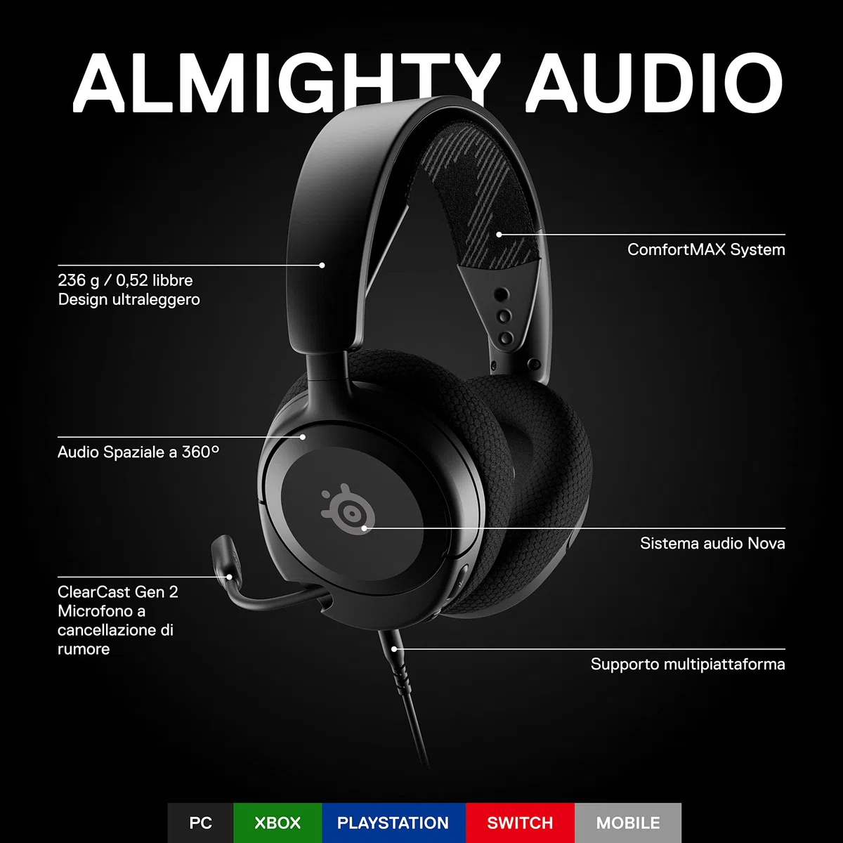 SteelSeries Arctis Nova 1 Cuffie Gaming Multisistema Driver Hi-Fi Audio Spaziale 360° Memory Foam PC PS5 PS4 Switch Xbox Nero