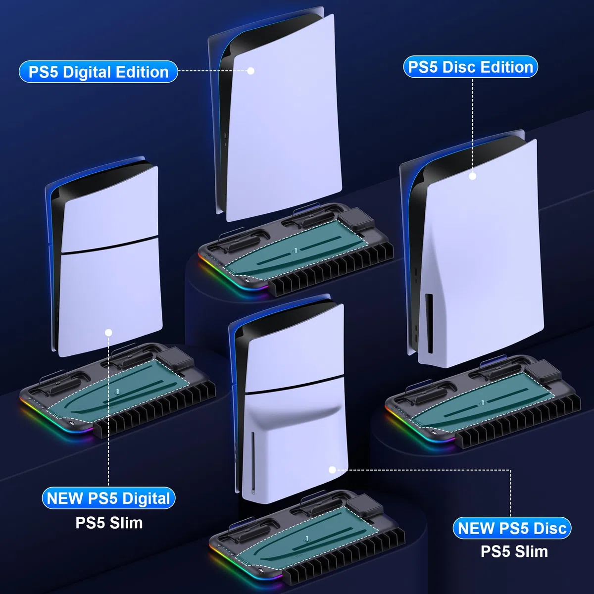 HELLCOOL Base PS5 Slim, Supporto con Ventola di Raffreddamento/Luci RGB/Doppio Ricarica Controller/Supporto per Cuffie/15 Slot di Gioco, Stand per PS5 Disc/Digital Edition