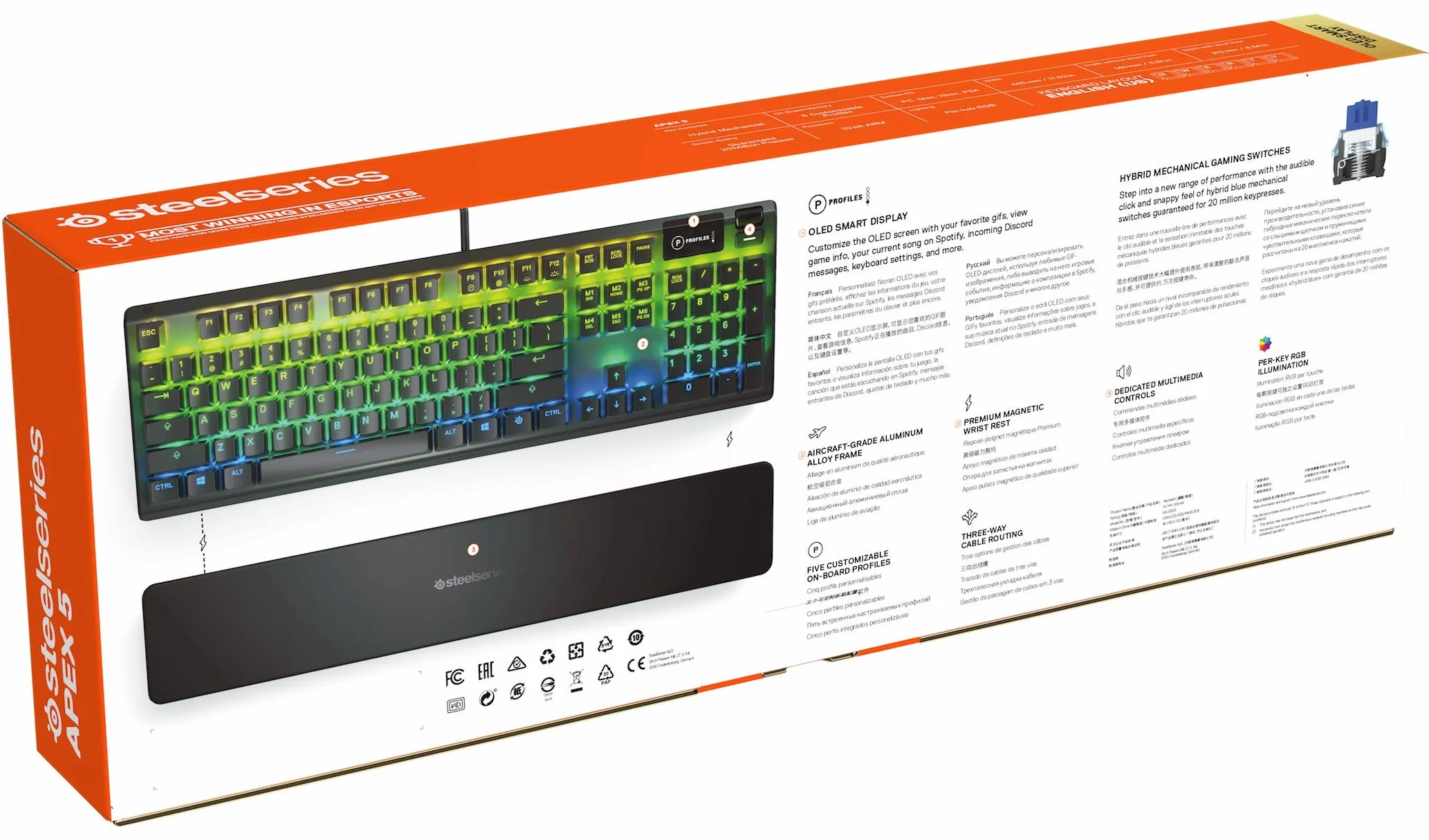 SteelSeries Apex 5 Tastiera da gaming meccanica ibrida , Illuminazione RGB per ogni tasto, Struttura in lega di alluminio aeronautico, Smart Display OLED, Layout Turco (QWERTY)