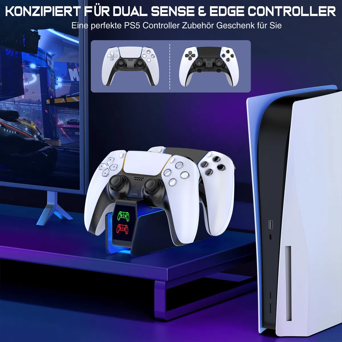 PS5 - Stazione di ricarica per controller PS5 Dual PS5 con luce RGB, stazione di ricarica PS5 con ricarica rapida da 2 ore, stazione di ricarica PS5 per controller PS5 e controller Edge (nero)