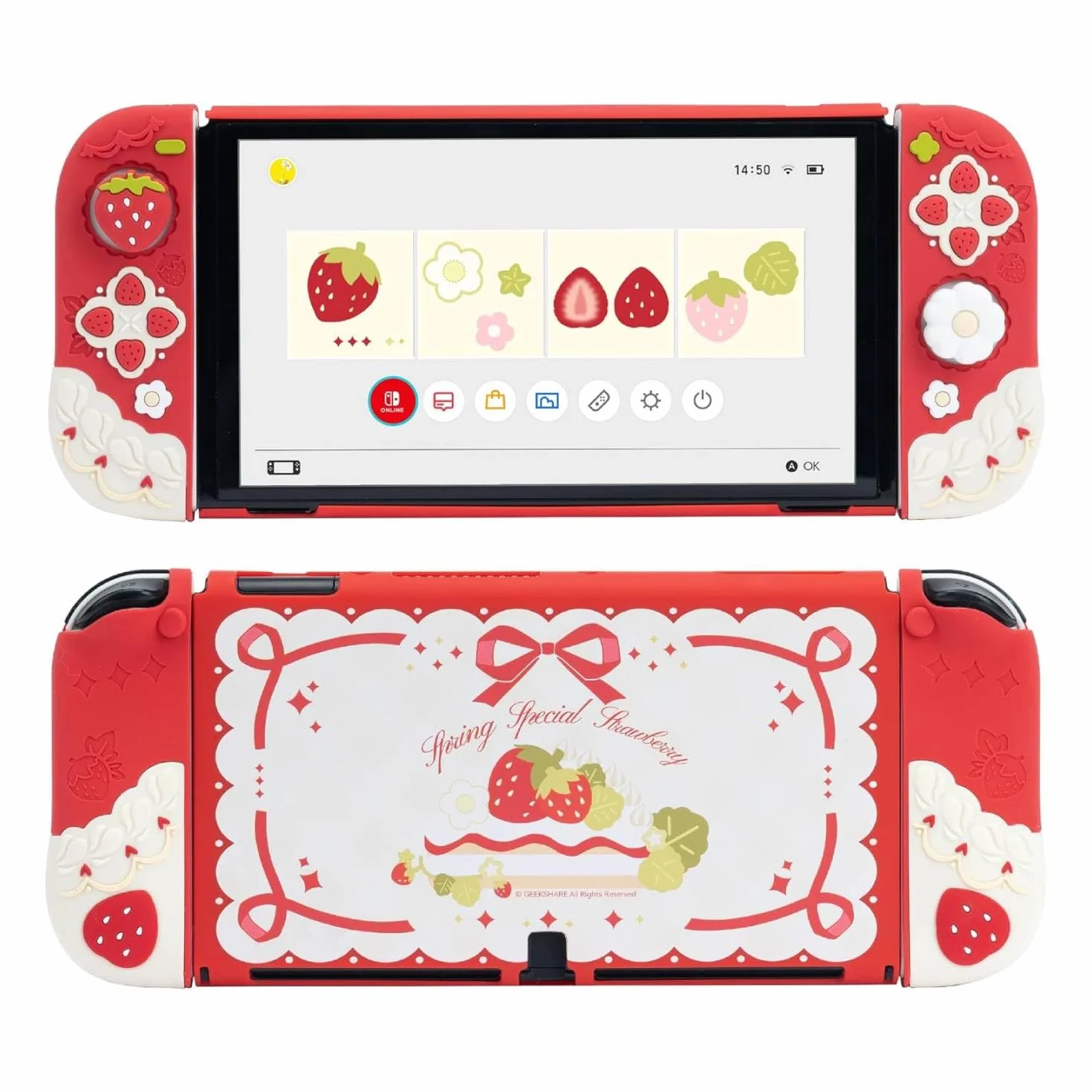 GeekShare Cover protettiva in silicone per Switch OLED, antigraffiti, sottile, compatibile con Switch OLED, cover protettiva separabile con 2 cover per filtro, fragole con panna