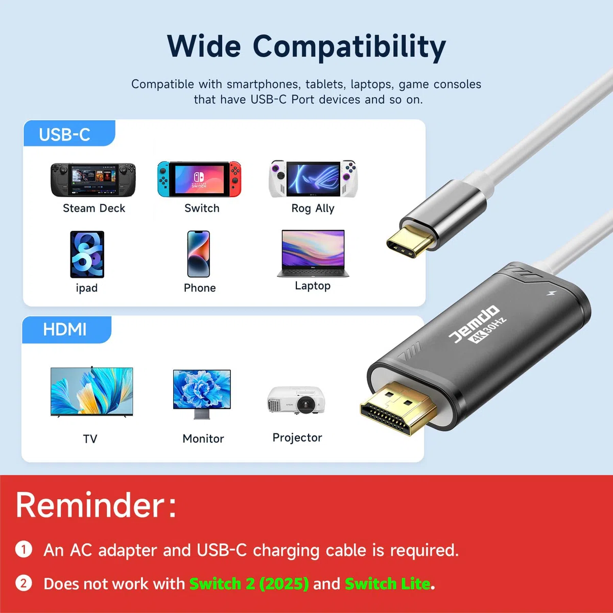 JINGDU USB Type C to HDMI Cavo Adattatore per TV per Switch/OLED only, Cavo di Conversione USB Type C 3 in 1 ad Alta Velocità 4K HDMI, Supporto TV/Steam Deck/Laptop/PC, 2m Bianco e Nero