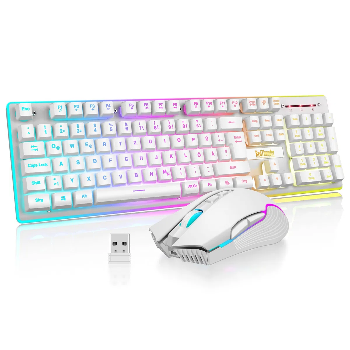 RedThunder K10,Set tastiera e mouse wireless QWERTZ DE-Layout LED, capacità della batteria 3000 mA, tastiera wireless e mouse da gioco wireless da 3200 DPI per gamer (bianco)