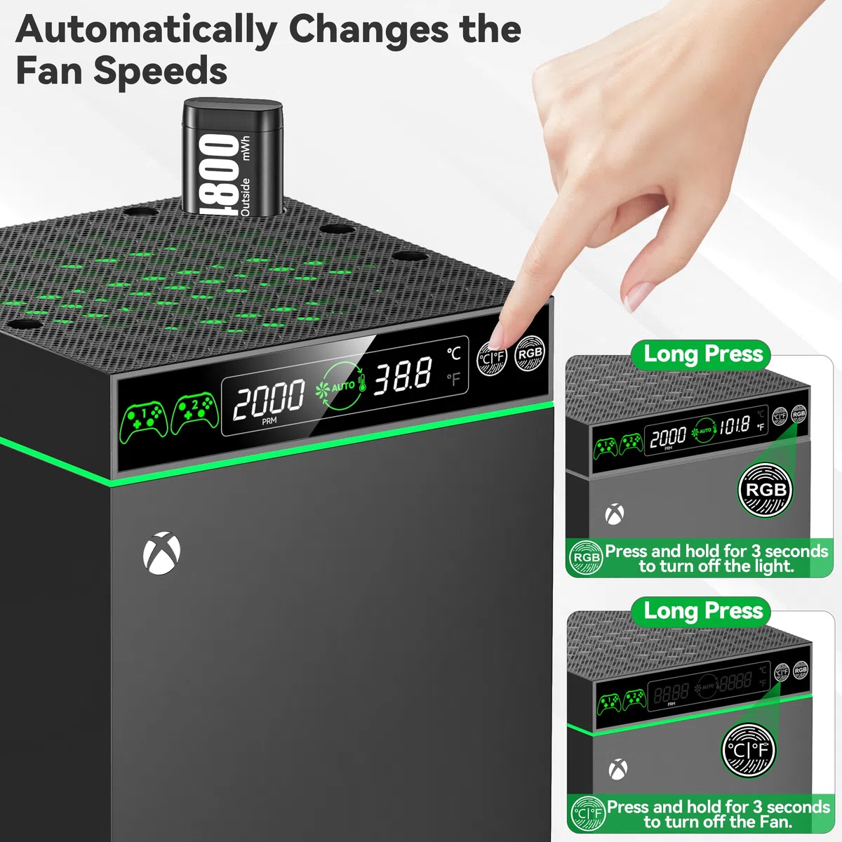 Ventola Raffreddamento Automatica per Xbox Series X & S, 9 Modalità Illuminazione RGB, 4800 mWh Batterie Ricaricabili, Accessori Xbox Series X
