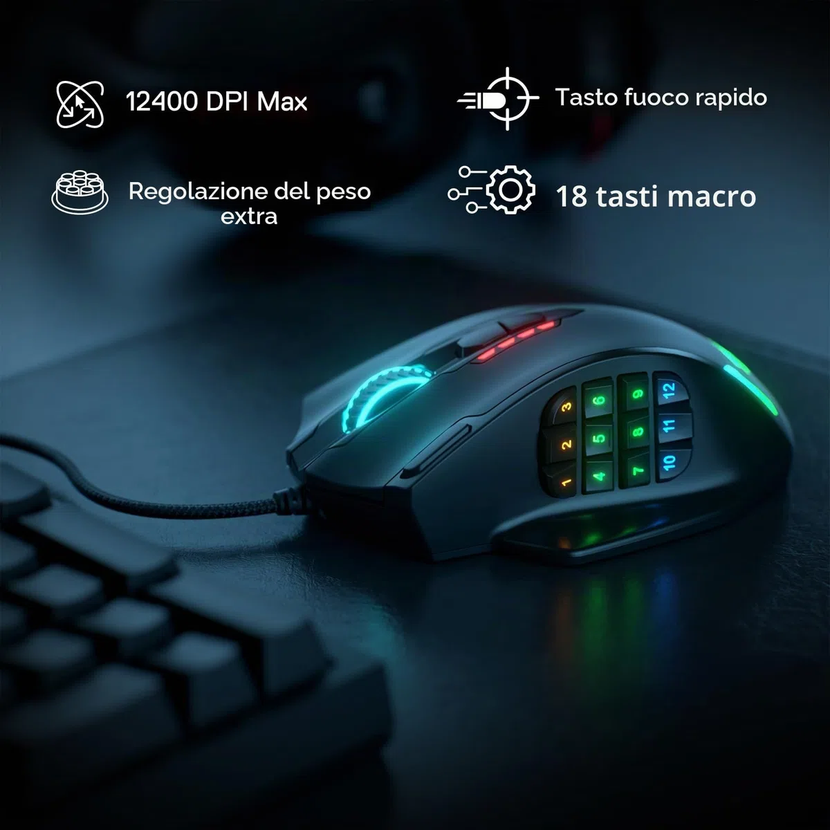 Redragon M908 Impact RGB LED MMO Mouse ottico da gioco cablato 12400 DPI 20 pulsanti programmabili