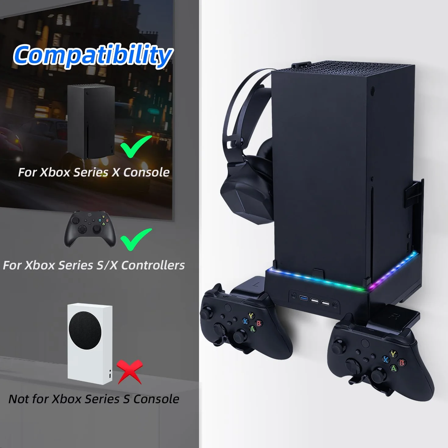 Mcbazel Xbox Series X Kit Montaggio Parete con Ventola Raffreddamento LED RGB, Staffa Raffreddamento regolabile Velocità USB