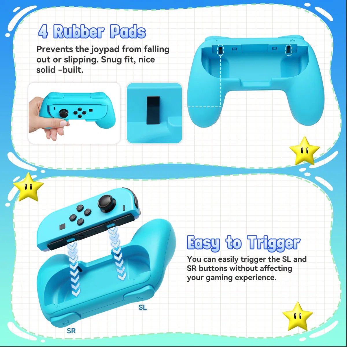 FASTSNAIL Kit di 4 impugnature compatibili con Nintendo Switch per Joy Con, controller resistente all'usura per Joy con e modello OLED con impugnatura da 12 pollici