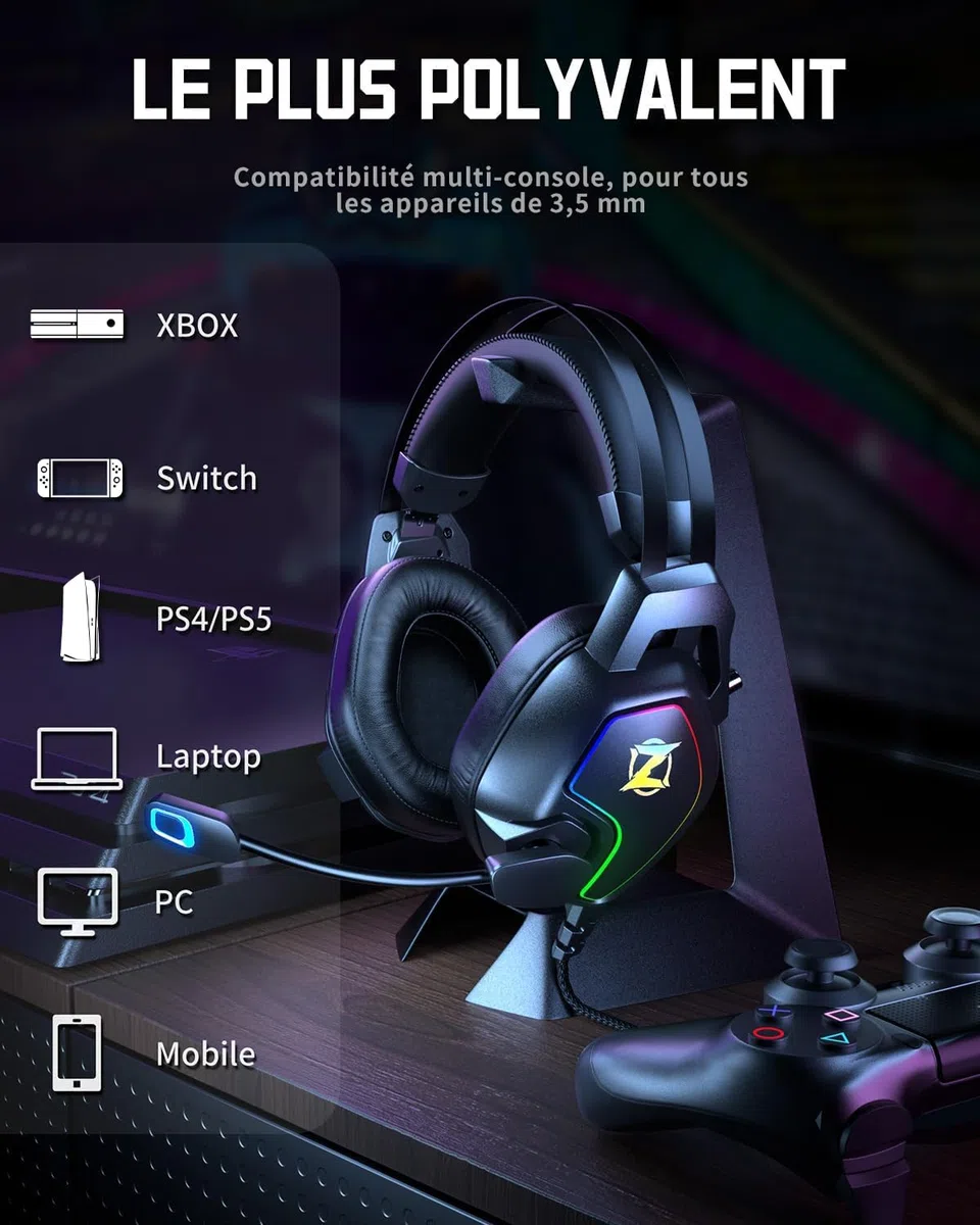 Cuffie Gaming per PS5 PS4 PC Xbox Switch, con microfono e riduzione del rumore, luce RGB, jack 3,5 mm