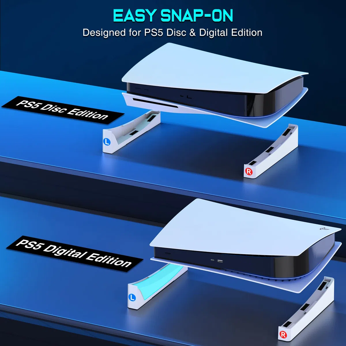 ALEEMTRY Supporto PS5, Base PS5 Orizzontale con Ventola/Luce LED/3 Ventole di Raffreddamento in 1/Cuscinetti in Gomma Antiscivolo, Supporto PS5 per Disco e Console per Edizione Digitale