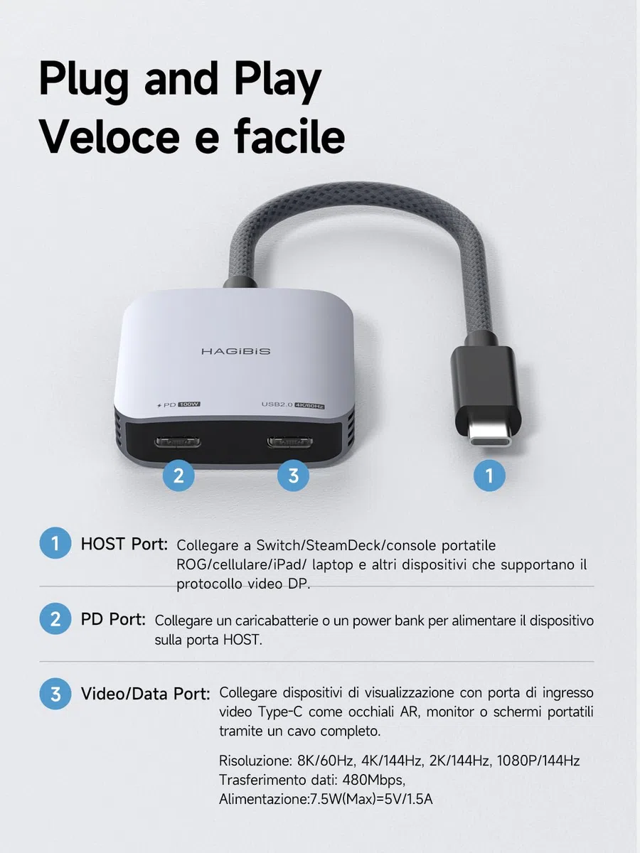 Hagibis - Adattatore per occhiali AR da 8K60Hz da 4K144 Hz USB C a occhiali e convertitore di ricarica, adattatore di alimentazione e set da 100WPD per XREAL, Viture(Non compatibile con Switch2)