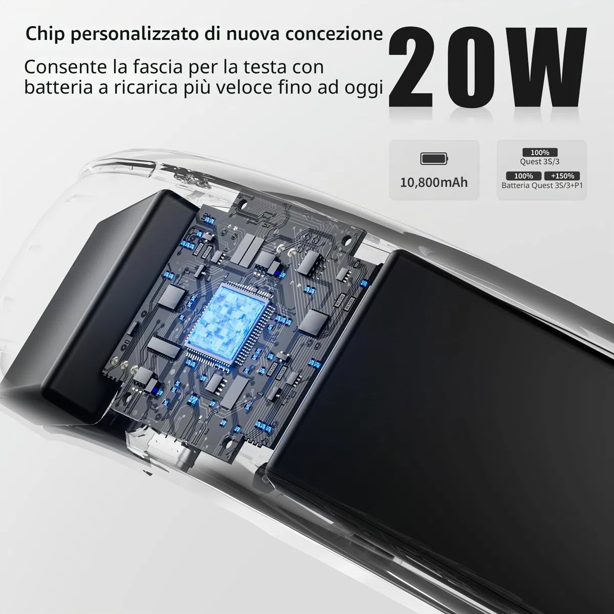 A3 Max Batteria Headstrap per Meta Quest 3s/3, ricarica rapida 20 W, 10.800 mAh