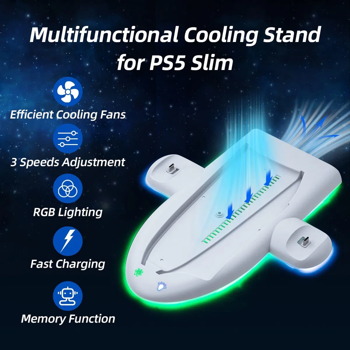 Mcbazel Stazione di Raffreddamento di Ricarica PS5 Slim, con 3-Velocità Effetto RGB Base di Caricatore Controller PS5 Dock Funzione di Memoria Accessori per Playstation 5 Slim(Non per PS5/PS5 Pro)